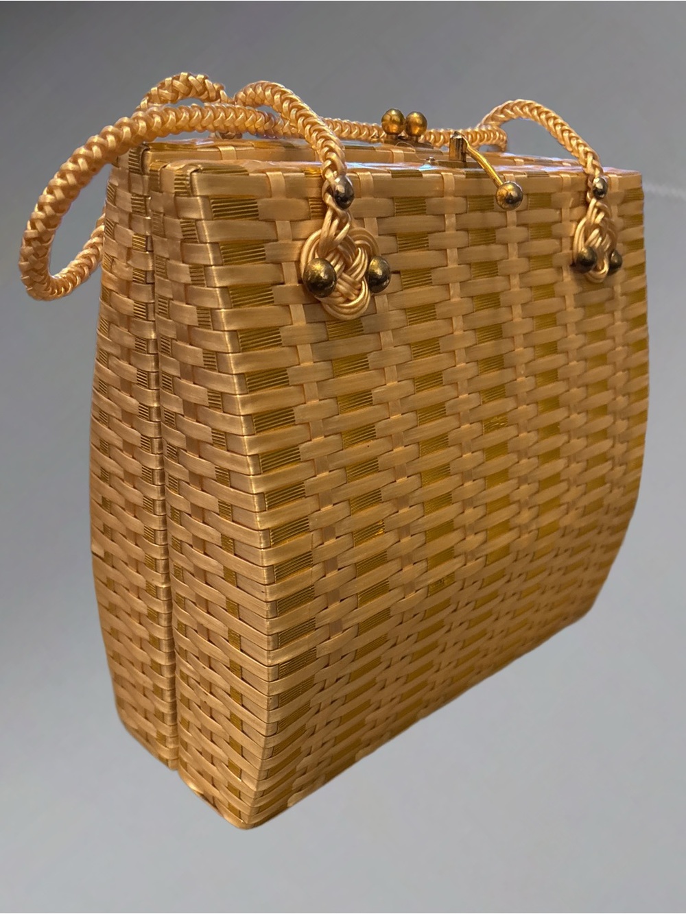 Vintage 1950’s/60’s Woven Straw Box Handbag in Gold and Cream